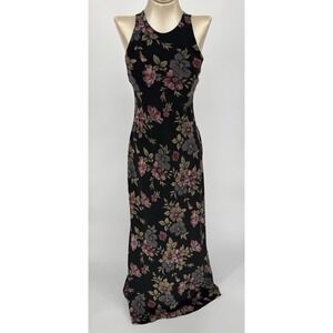 Vintage 90s Floral Maxi Dress Size Small Black Pink Cottagecore Boho Whimsigoth
